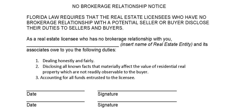 what does no brokerage relationship mean in florida